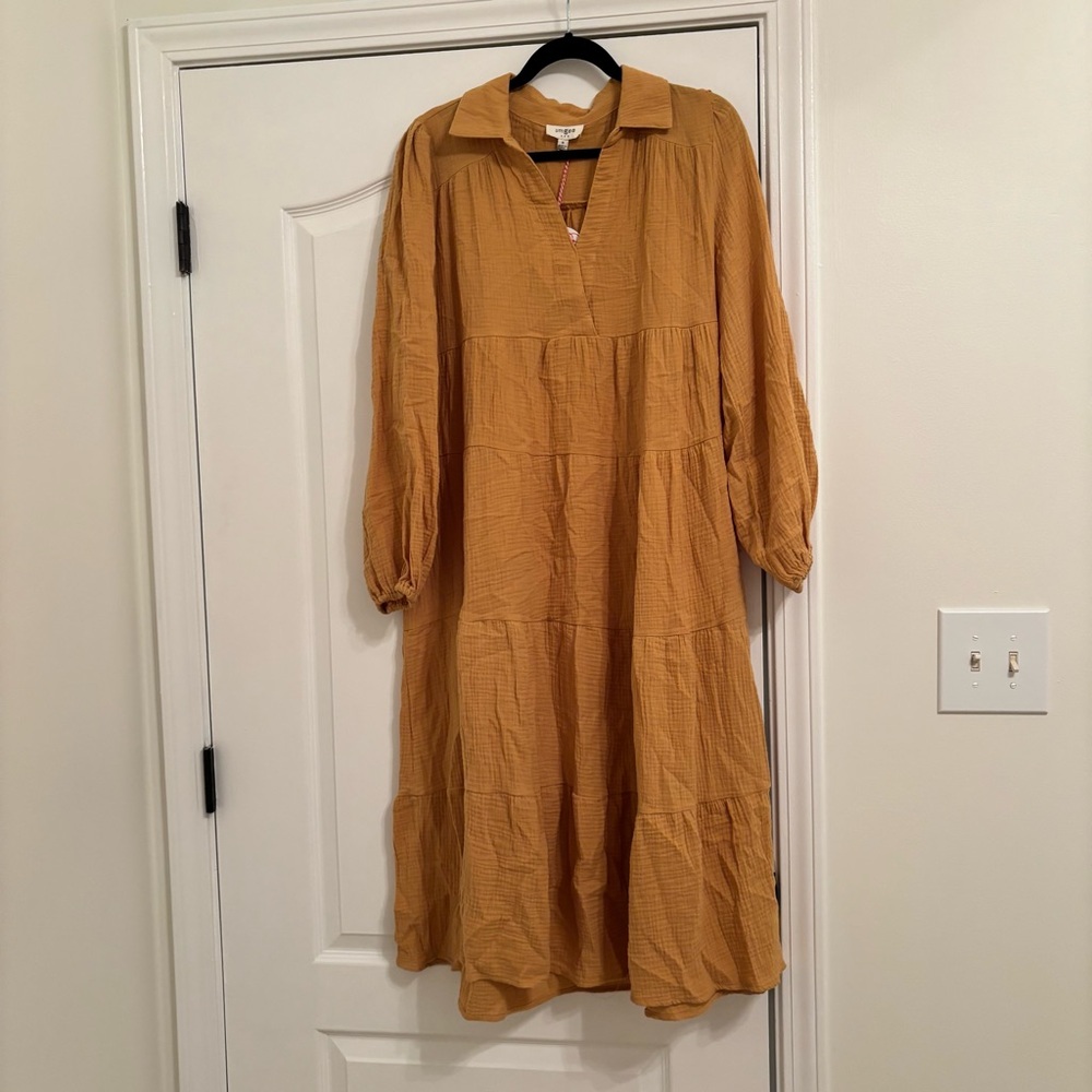 NWT Umgee Mustard Midi Dress with Long Bishop Sleeves and Notched Collar